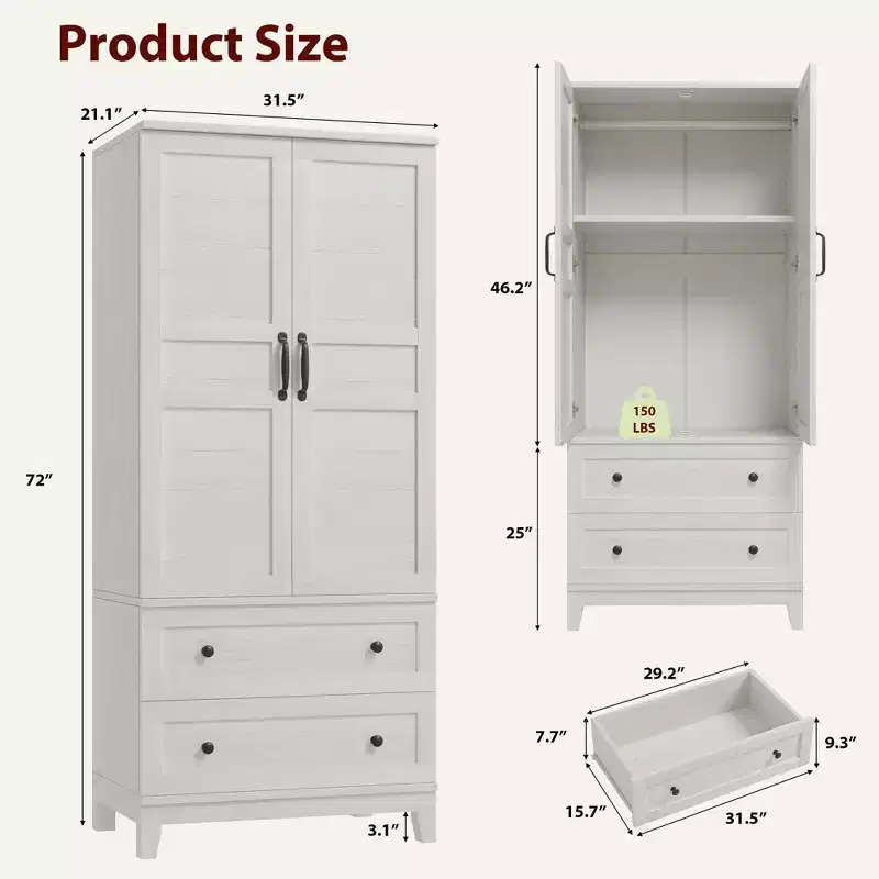 Armoire Wardrobe Closet with 2 Drawers, 72 Wooden Wardrobe Cabinet with Hanging Rod, Tall Clothing Armoire Cabinet with Doors
