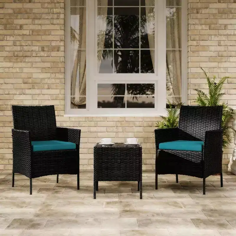 3-Piece Outdoor Patio Furniture Set, PE Rattan Wicker Chairs with Cushions and Tempered Glass Coffee Table for Backyard Porch Garden Poolside