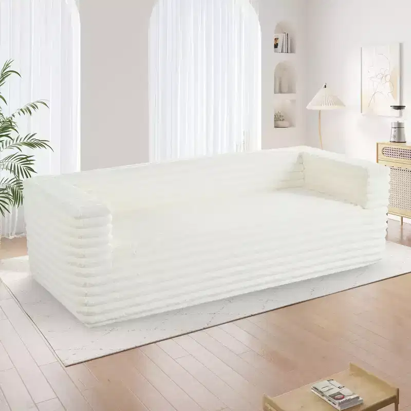 TUYOHW 89 Inch Modern Corduroy Couch,3-Seater Plush Sofa for Living Room,Small Space,Office,Apartment,No Assembly Required,White