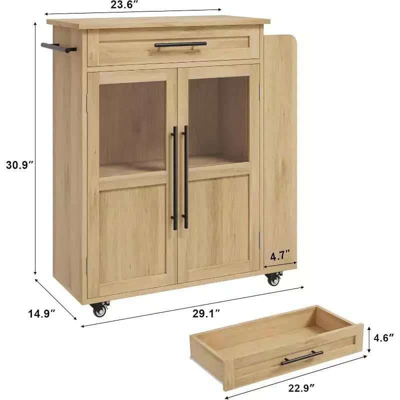 Mobile Rolling Kitchen Island Cart with Storage Cabinet Doors and Spice Rack