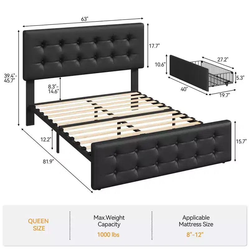 Bed Frame, Queen Size Faux Leather Upholstered Platform Bed with 4 Storage Drawers & Headboard - Button Tufted, No Box Spring Needed Black