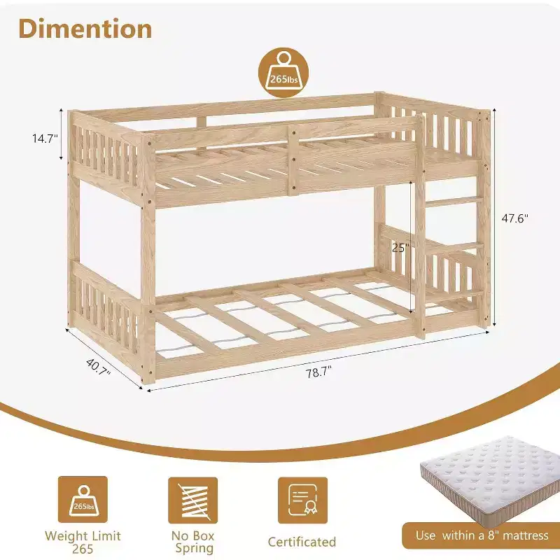 Low Twin Over Twin Bunk Bed with Guardrails and Ladder