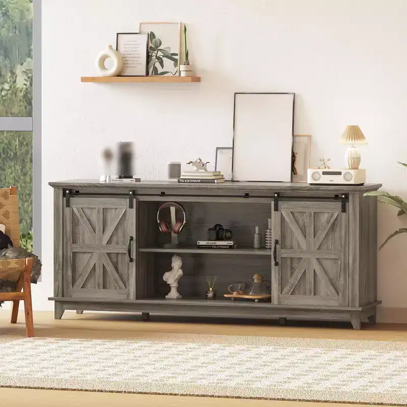 Farmhouse TV Stand for 75 in Television, Wood Entertainment Center with Storage & Barn Doors, Adjustable Shelf Media TV Console Table Cabinet