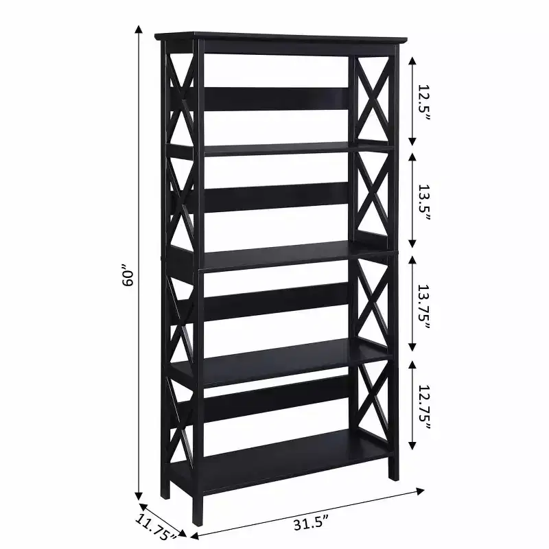 Black 5-Tier Bookcase, X-Pattern Design, 1-Person Assembly