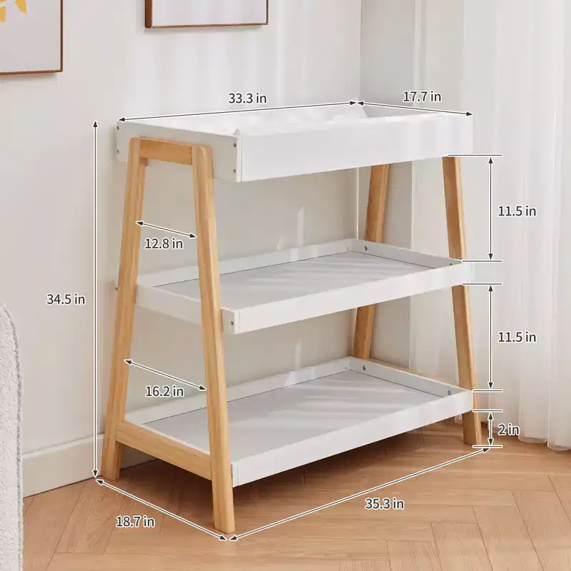 Portable Baby Changing Station, White & Wood, with Waterproof Pad & 2 Storage Shelves for Newborns