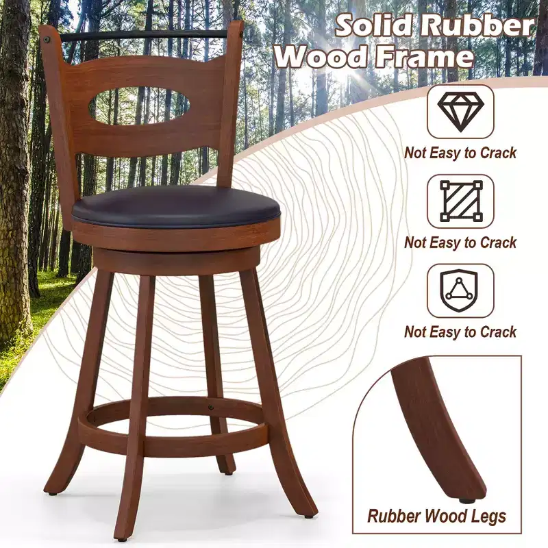 Costway Set of 2 Bar Stools 360 Swivel Dining Chairs Solid Rubber Wood Leather Padded Seat Counter Height