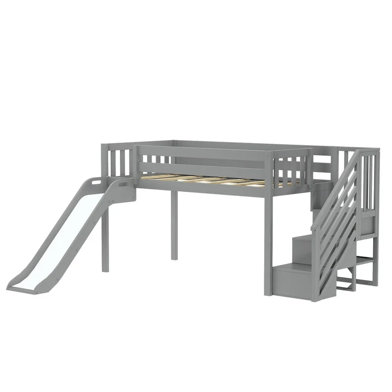 Max and Lily Classic Twin Low Loft with Stairs, Easy Slide and Curtain