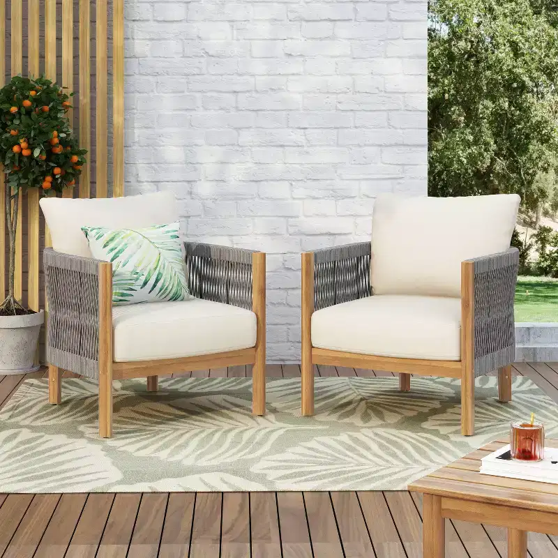 Christopher Knight Home Celeste Patio Rope Weaving Acacia Wood Upholstered Club Chair (Set of 2)