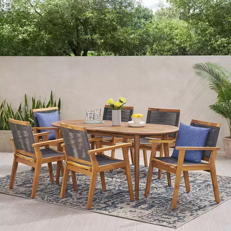 Christopher Knight Home Mcgill Outdoor Rope and Acacia Wood 7 Piece Dining Set, Teak/Dark Gray