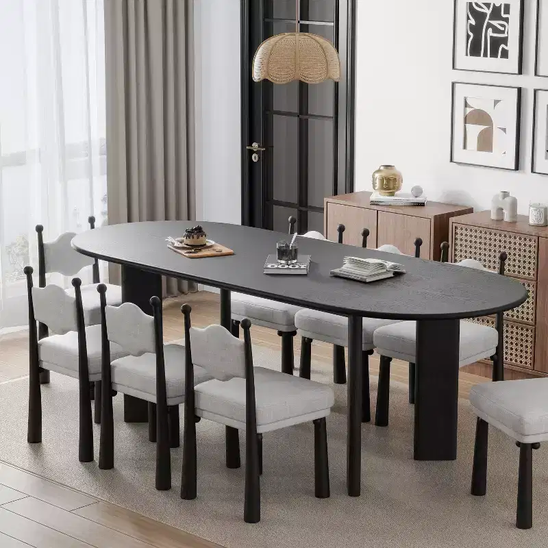 79 Curved Oval Dining Table for 6-8 Modern Solid Wood Kitchen Table with Thickened Top & Sturdy Base for Living Room Kitchen Black