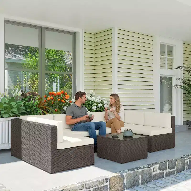 Outsunny 7 Piece Patio Furniture Set, All Weather PE Rattan Outdoor Furniture Conversation Sets with Cushions, Glass Top Coffee Table
