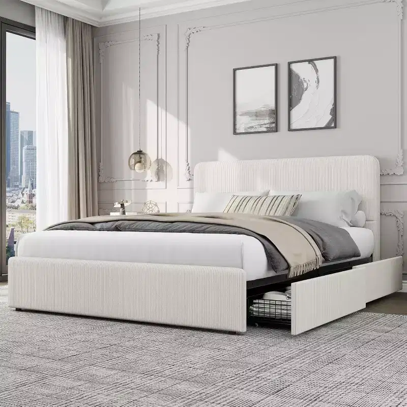 Bed Frame with Headboard, PU Upholstered Platform Bed with Storage Drawers, No Box Spring Needed, Noise-Free, Easy Assembly