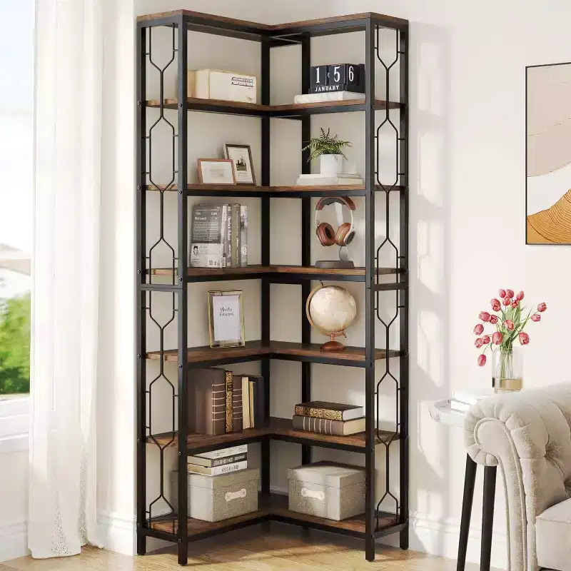 78. 74" 7 Tier Corner Bookshelf Wood Rustic Brown