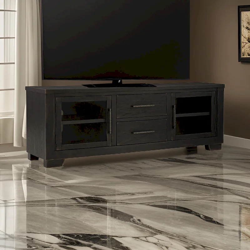 Galli Large TV Media Console, 2 Drawers, 4 Shelf, Black Wood, 80 Inch