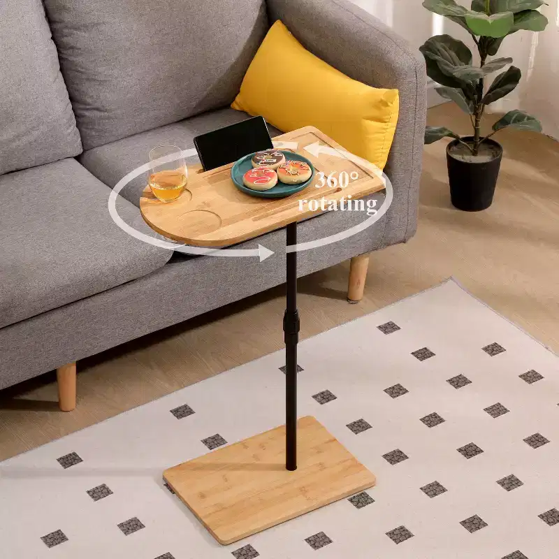 Oval Rectangle/Oval Coffee Table Couch Tray Table Bamboo Height Adjustable Side Table with Slots for Living Room, Apartment
