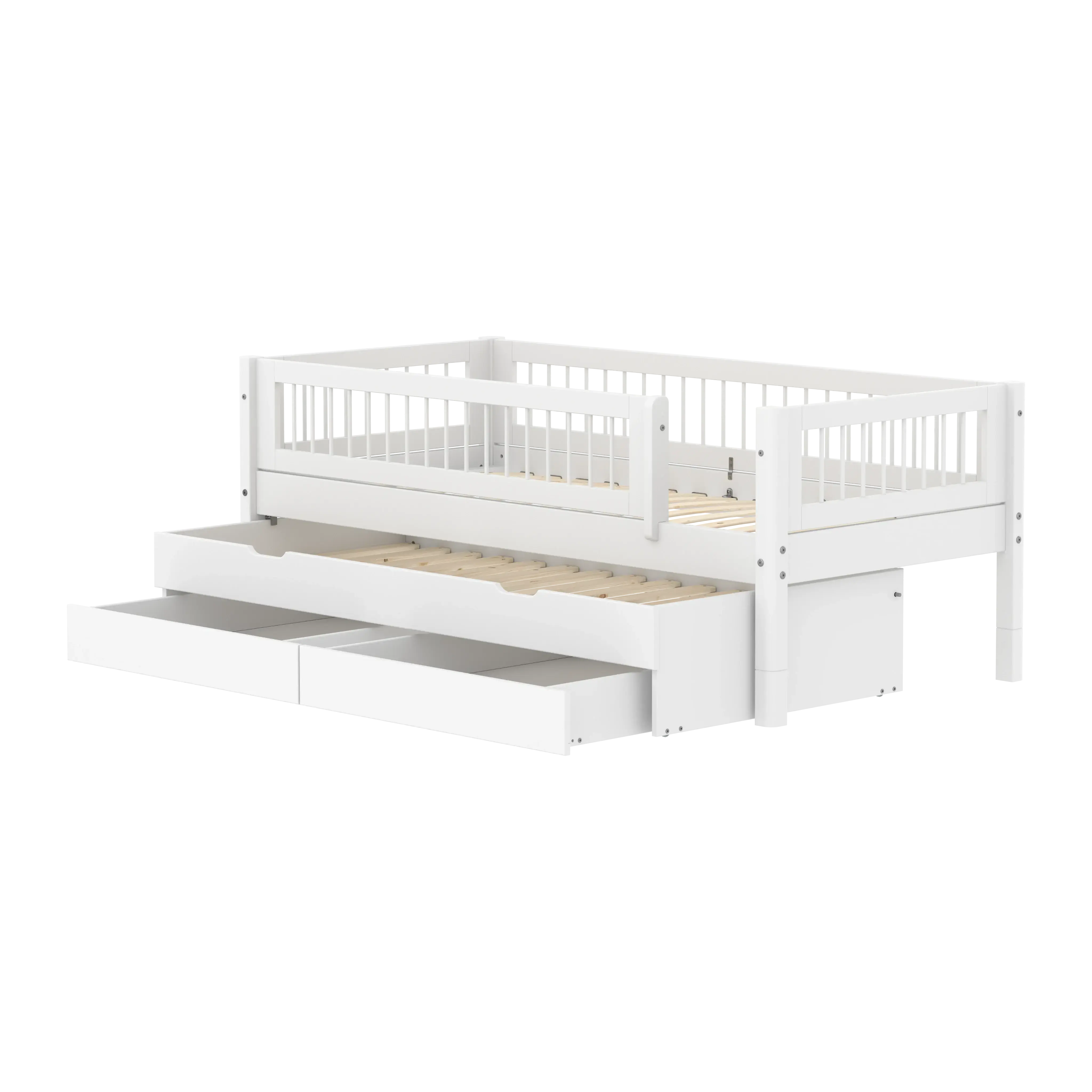 Single Bed with Pull-out Bed, Storage and Safety Rail Crossbars, 90x200 cm, White