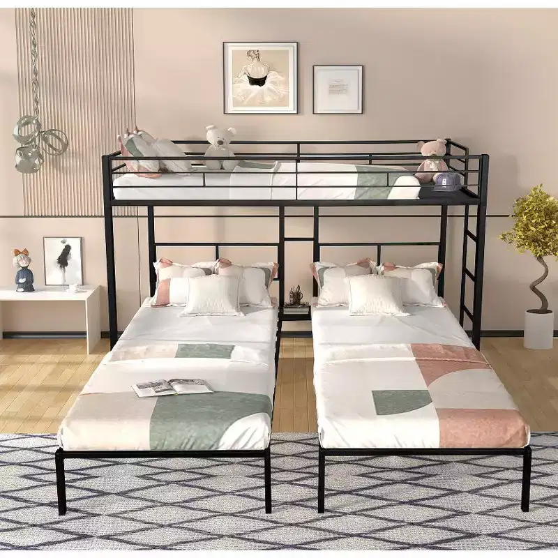 Twin Over Twin Triple Bunk Beds for 3 Kids,Metal Triple Bunk Beds with Wood Slats and Table,Noise Reduced Structure,Black