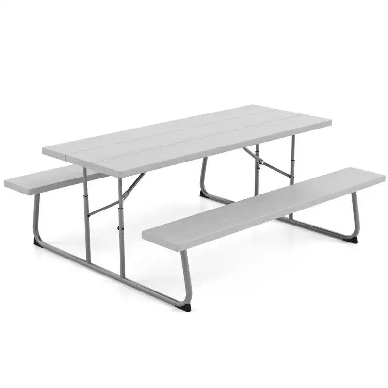 Gymax Folding Picnic Table Set w/ Wood-Like HDPE Tabletop Umbrella Hole 2 Benches Seats Heavy-Duty Metal Frame for Outdoor Black/Gray/Green/White