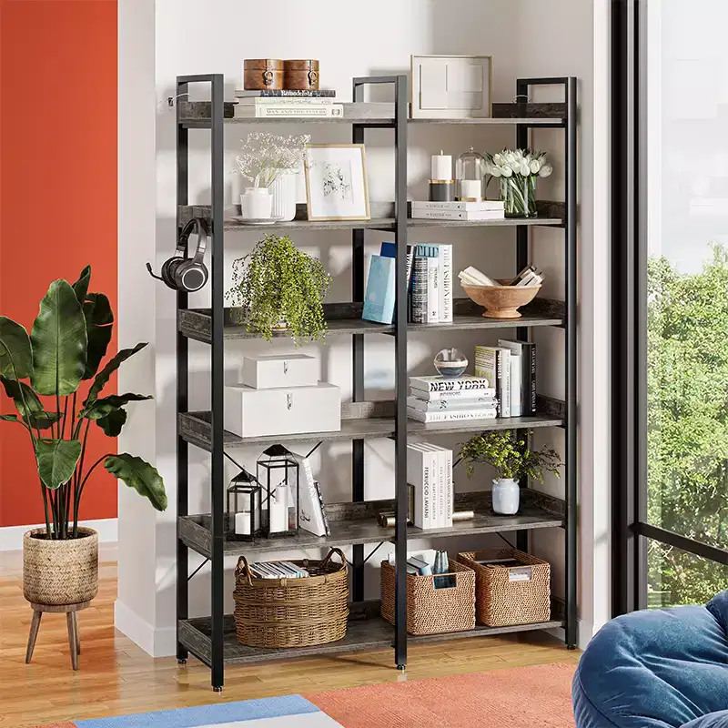 6-Tier Rustic Vintage Open Shelf Bookshelf with 4 Hooks, 67 Inch