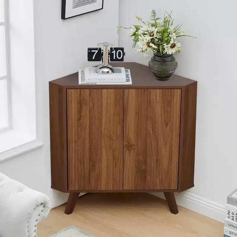 3-Tier Industrial Wooden Corner Table with Doors, Triangle End Table for Living Room, Kitchen, 31.5''x 15.7''x 30.7''