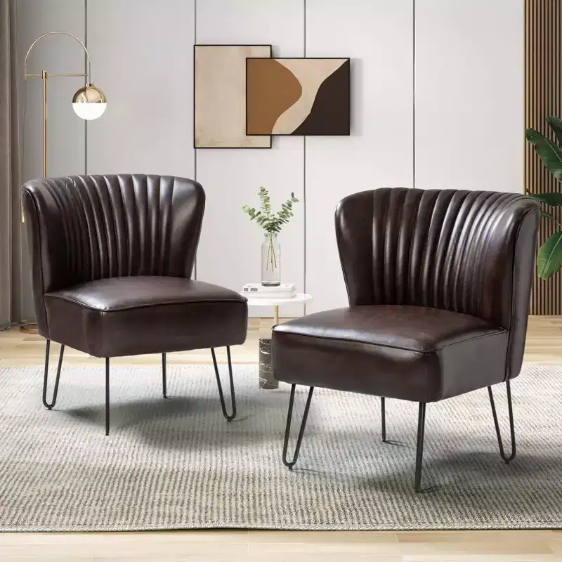 Set of 2 Eustacio Mid-back Tufted Faux Leather Accent Side Chair with Metal Base