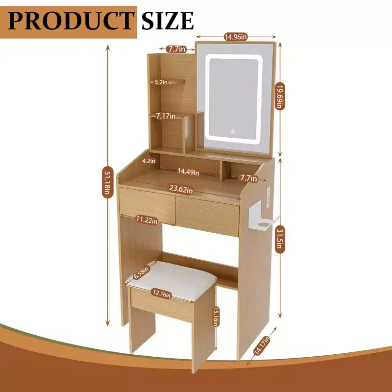 Vanity Desk Set with Mirror & Lights, Small Corner Makeup Table with Vanitys Chair Stool, Dressing Table with Storage Drawers & Shelves
