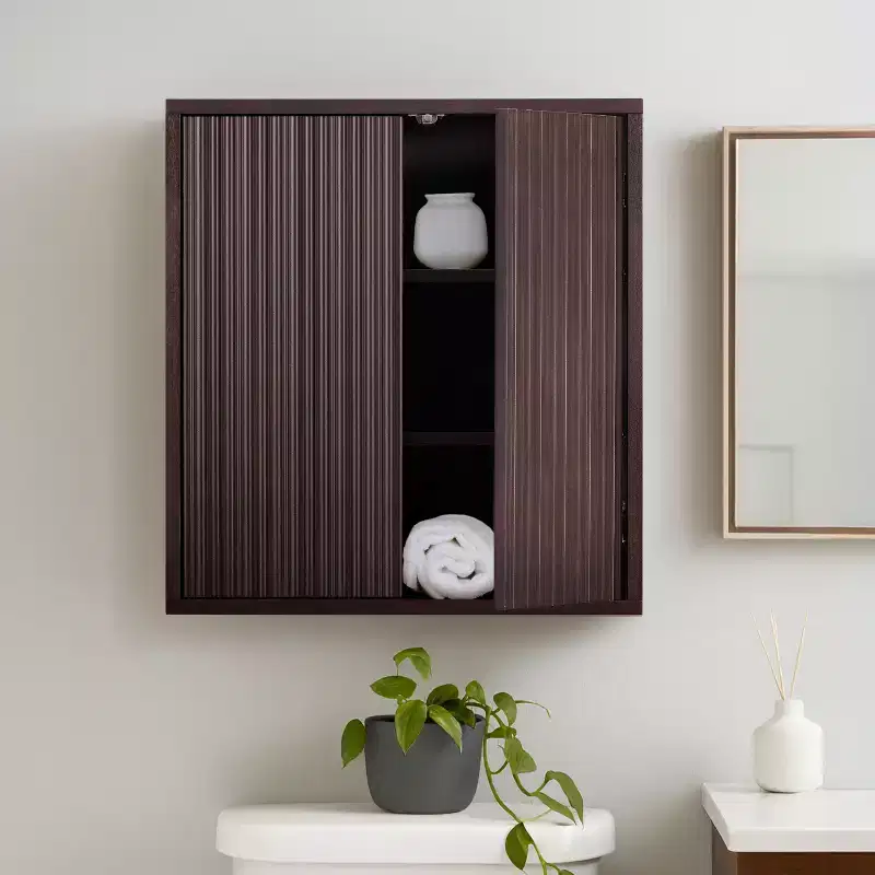 Modern Boho 2-Door Wall Cabinet with Solid Wood & Contemporary Fluted Fronts