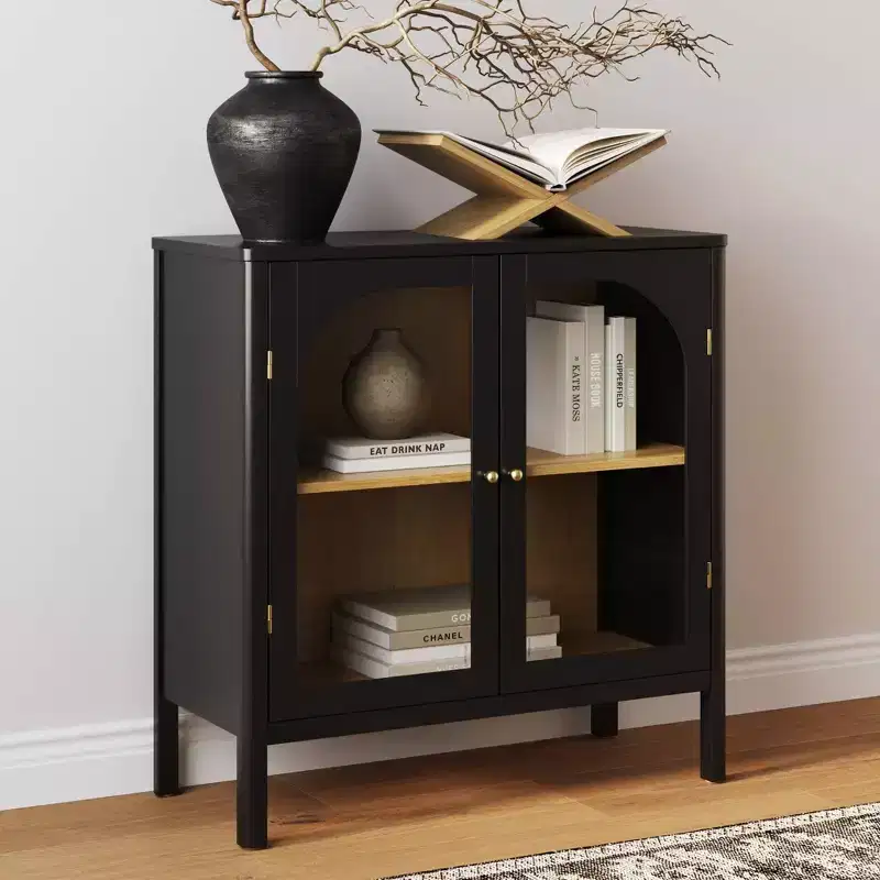 Wood and Glass Door Storage Cabinet – 2 Doors, Fixed Interior Shelf