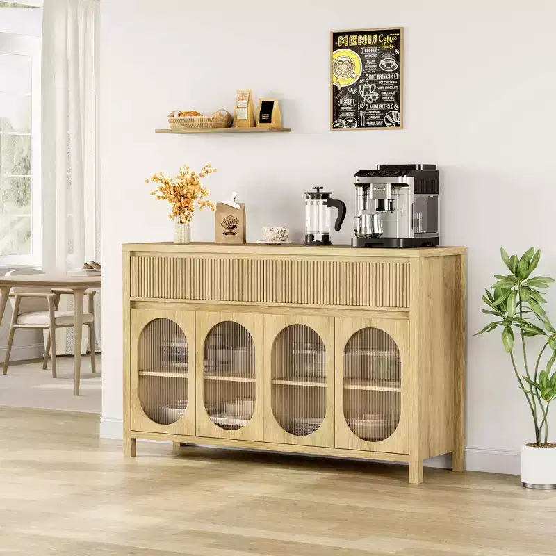 Fluted Buffet Cabinet with Storage, 55 Sideboard Cabinet with 2 Drawer Kitchen Storage Cabinet with 4 Glass Doors Buffet Table Coffee Bar