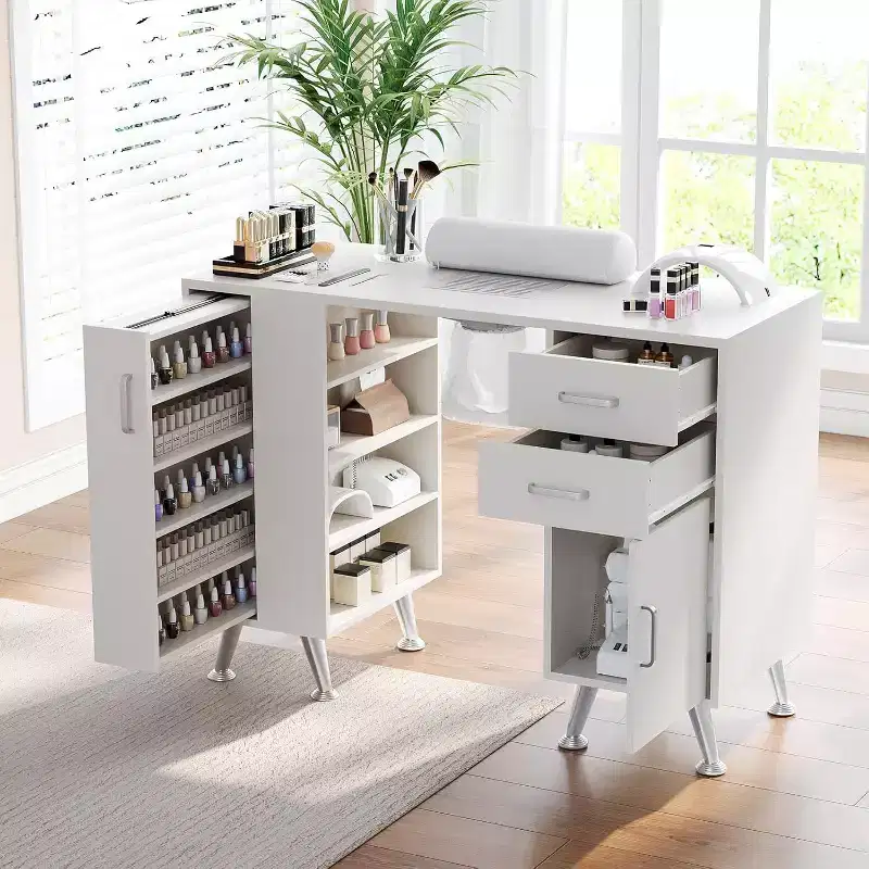 Acekool 42.5 White Manicure Table with Dust Collector, Wrist Rest, 2 Drawers, Cabinet & 4 Shelves  Nail Tech Station for Home & Salon