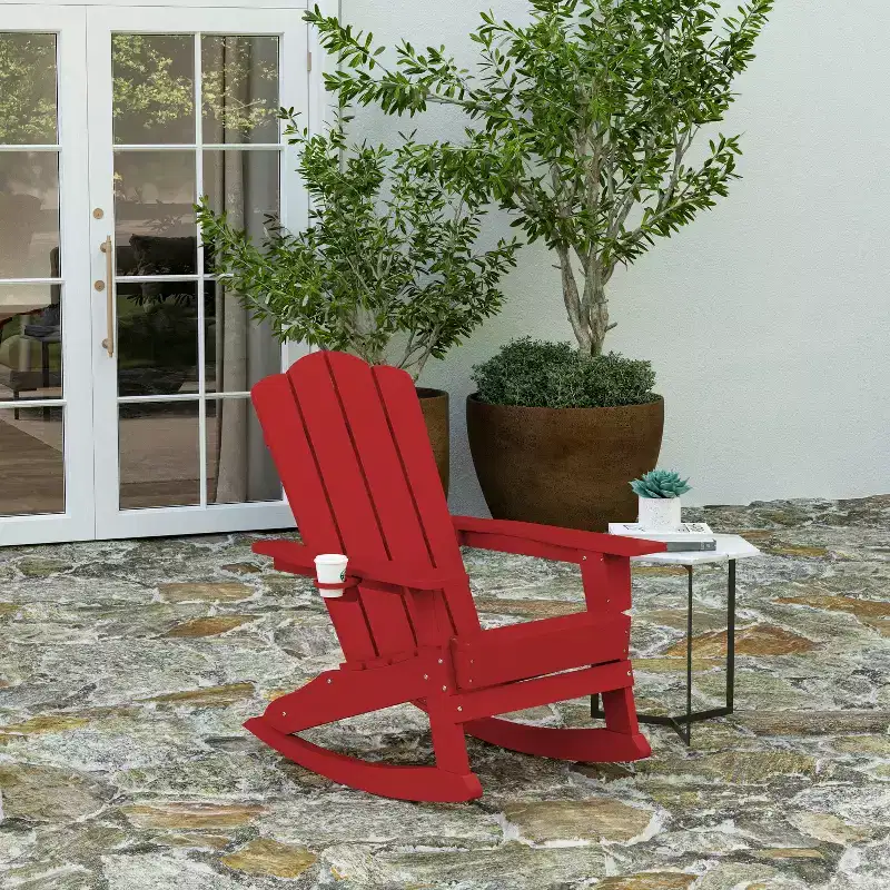 Merrick Lane Adirondack Rocking Chair with Cup Holder, All-Weather HDPE Indoor/Outdoor Chair