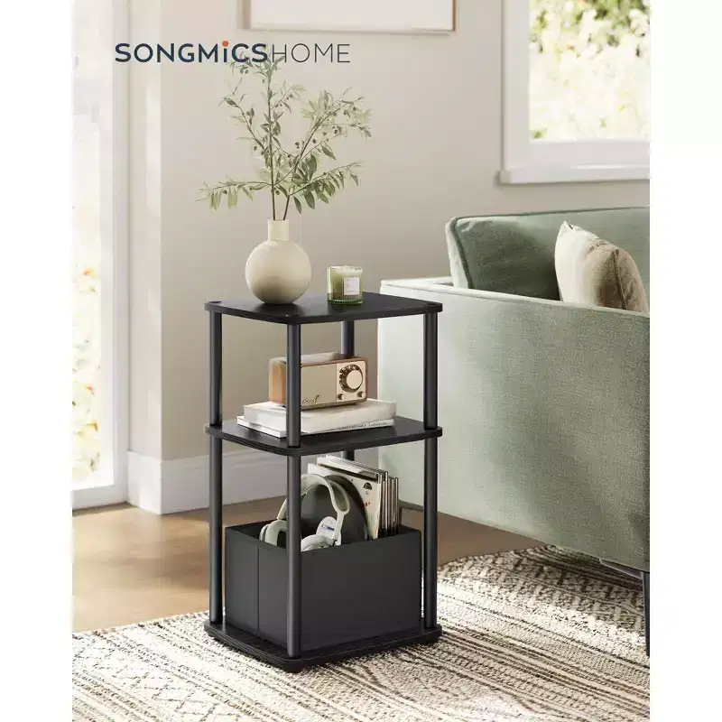 Black 3-Tier End Table with Fabric Basket – Steel Frame, Single