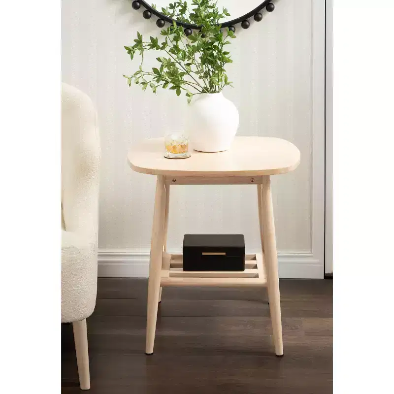 Two-Tier Wood Side Table with Slatted Shelf - Natural Finish