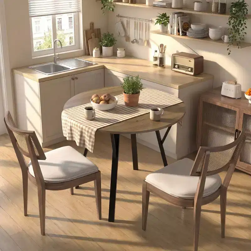 35.4-Inch Round Dining Table with Wood-Look Top and Black Metal Legs, Seats 2–4