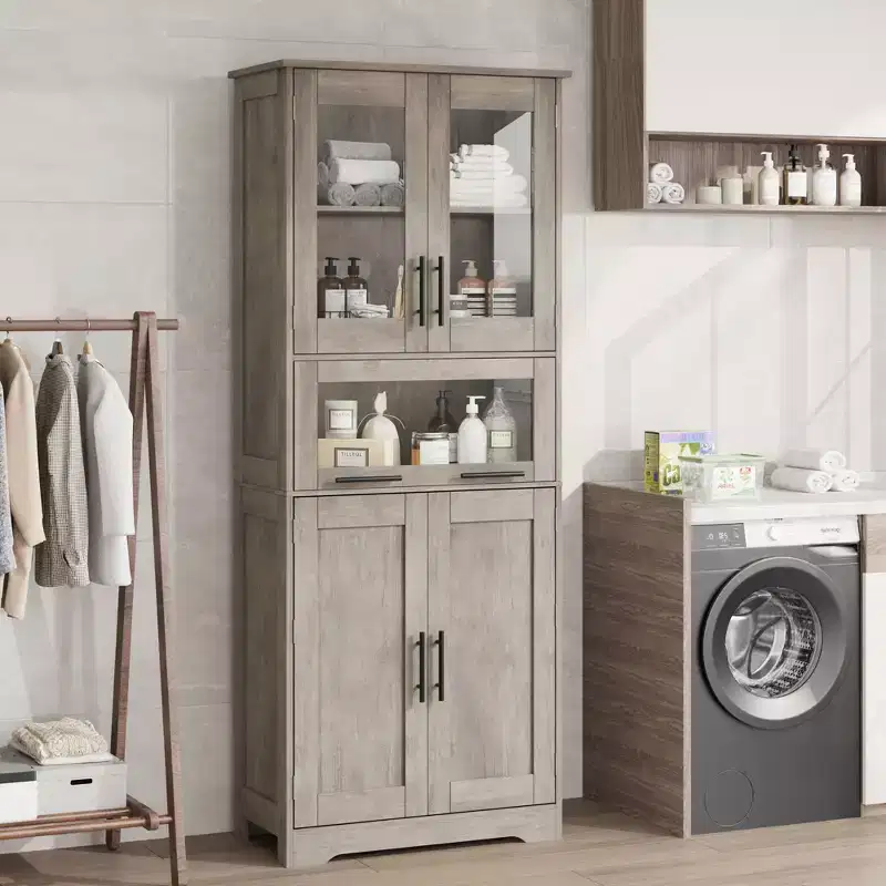 67 Tall Kitchen Pantry Storage Cabinet with Glass Doors, Adjustable Shelves, Drawer, for Bathroom, Dining Room, Living Room