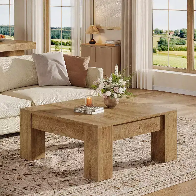 Lantine 39-Inch Square Coffee Table, Farmhouse Wooden Living Room Tables with Sturdy Legs, Accent Center Table, Easy Assembly,