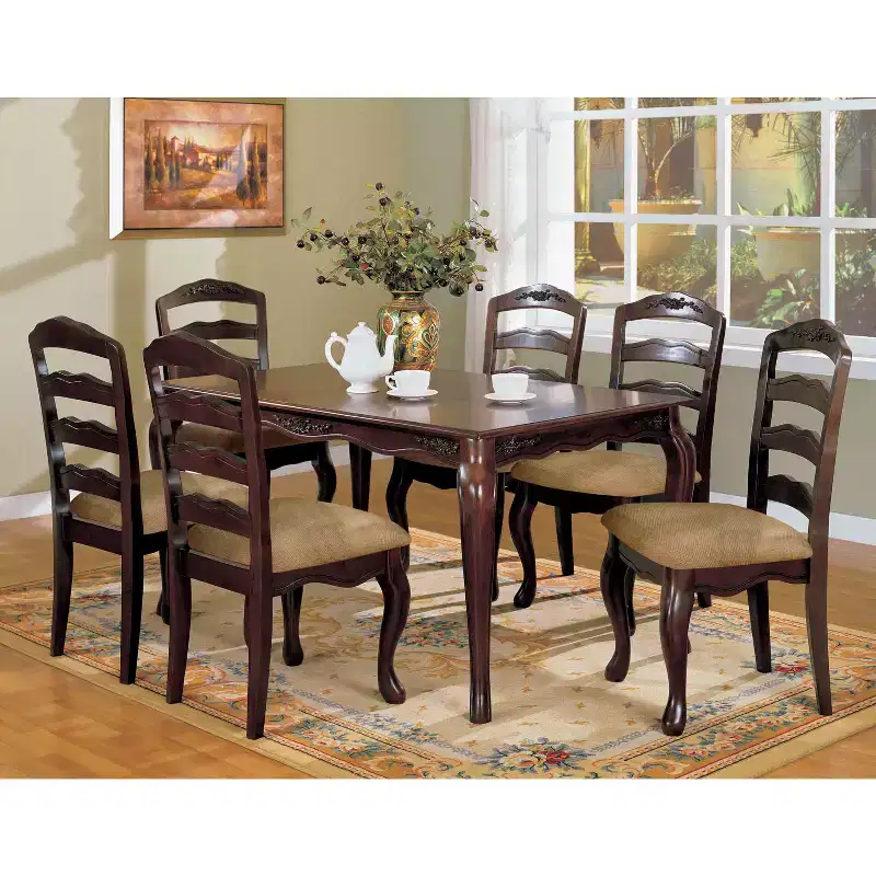 Floral Accented Rectangular Dining Table, Dark Walnut, Seats 6