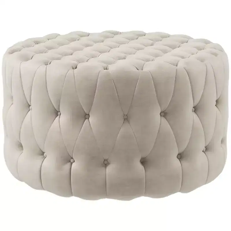 Round Ottoman Coffee Table with Velvet Upholstery and Button Tufted Design
