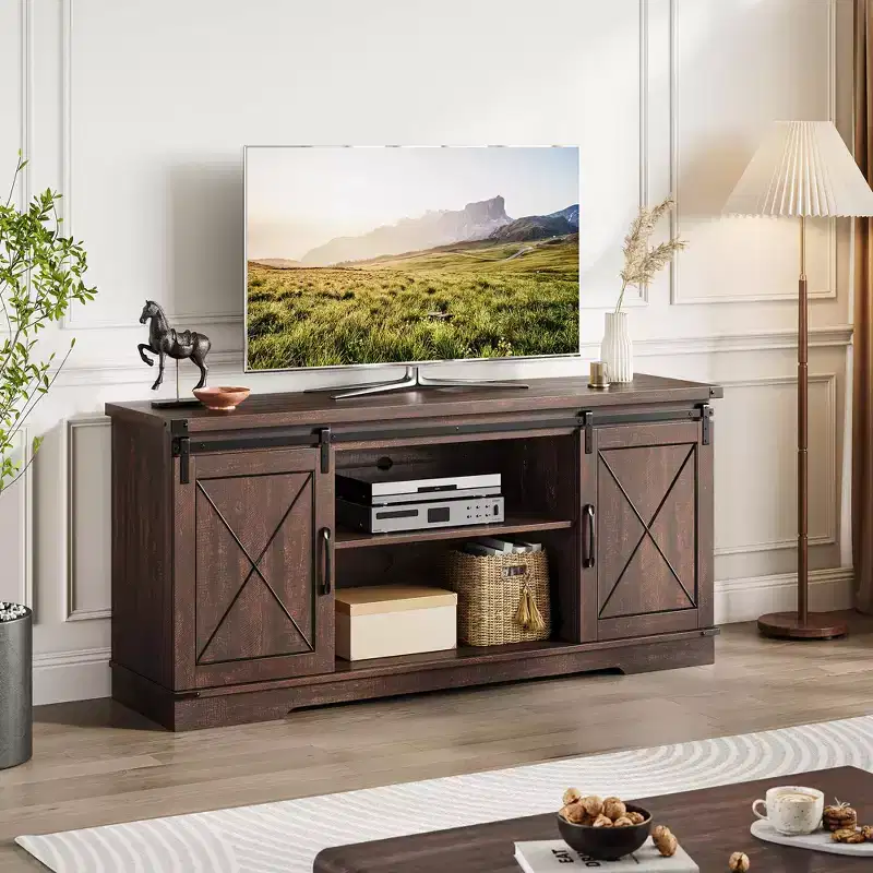Farmhouse TV Stand for TV Up to 65 Inches, Rustic Entertainment Center with Sliding Barn Doors, Wood Storage Cabinets and Adjustable Shelf