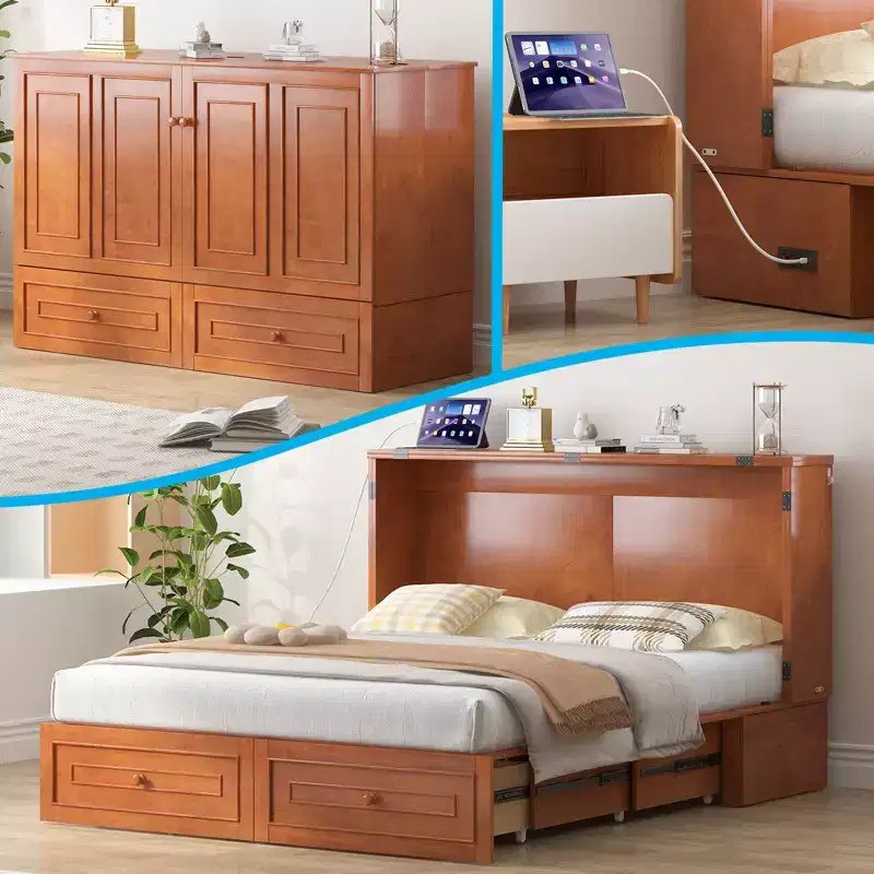 Mjkone Multifunctional Murphy Bed Cabinet Queen Size with USB Charging Station,Drawers & Tri-Folding Mattress