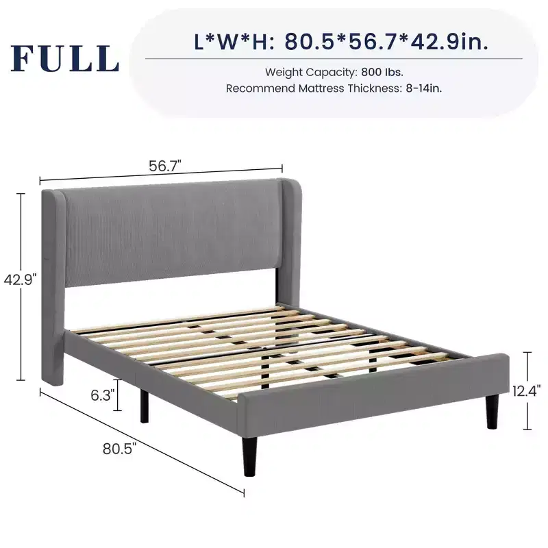 Wingback Velvet Platform Bed with Wood Slats, No Box Spring Needed