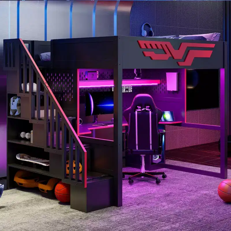 Full Gaming Loft Bed with Desk and LED Light, Wood Full Size Stairway High Loft Bed and Storage Staircase and USB, Red+Black
