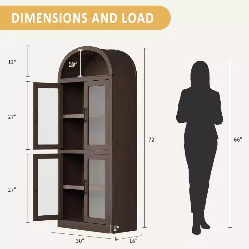 71 Modern Farmhouse Arched Pantry CabinetCBrownish Red Freestanding Storage with 4 Glass Doors & 6-Tier Shelves for Entryway, Dining,Living Room