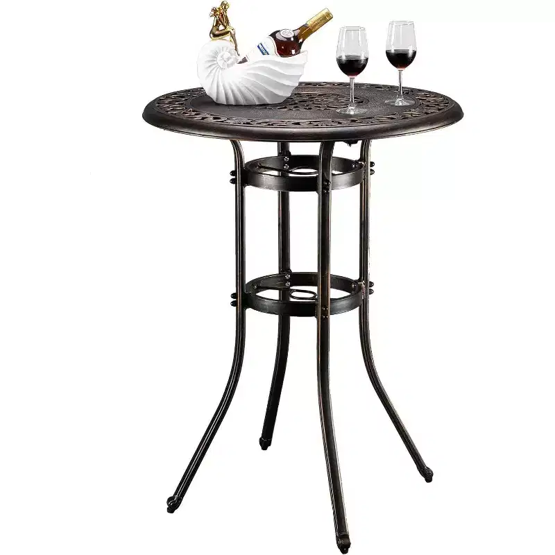 VINGLI Outdoor Bar Table, Cast Aluminum Bar Height Patio Table with Umbrella Hole, Patio Dining Table Tall Bistro Table for Garden Porch Yard Balcony