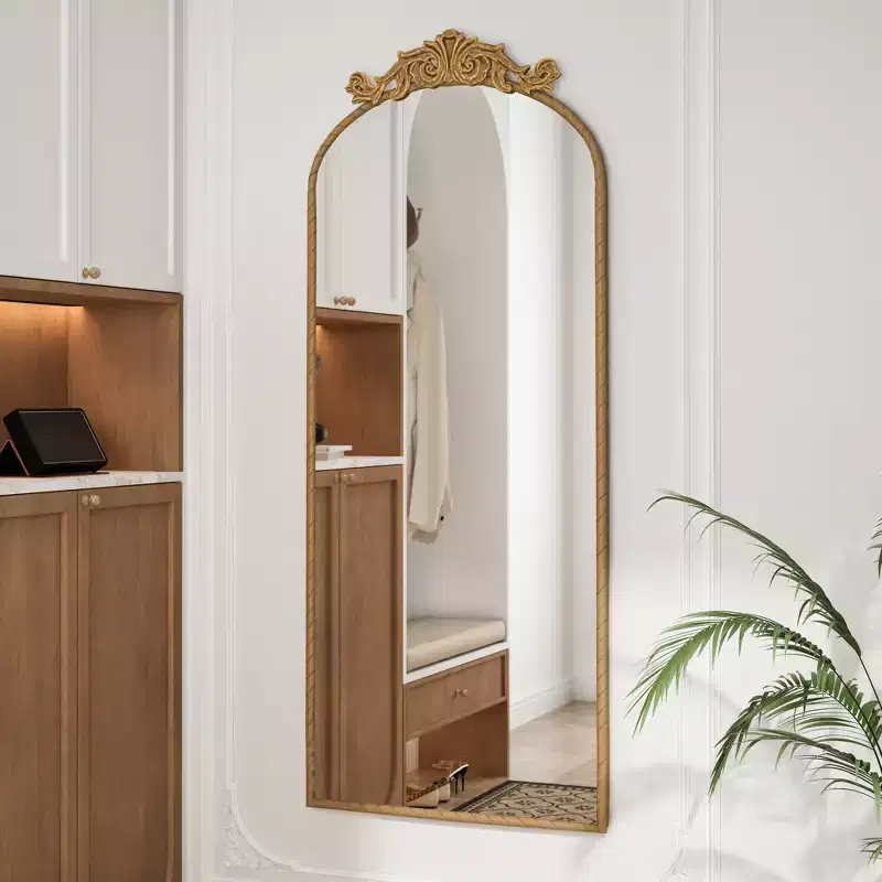 58x24 Arched Vintage Full Body Mirror, Ornate Carved Applique, Wall Mount Mirror for Retro Home Decor, Bronze/Silver - ModernLuxe