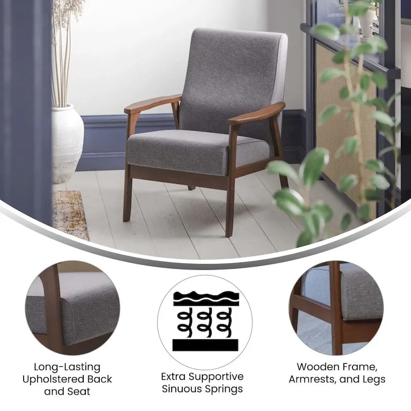 Mid-Century Modern Armchair with Wooden Frame and Faux Leather Cushions