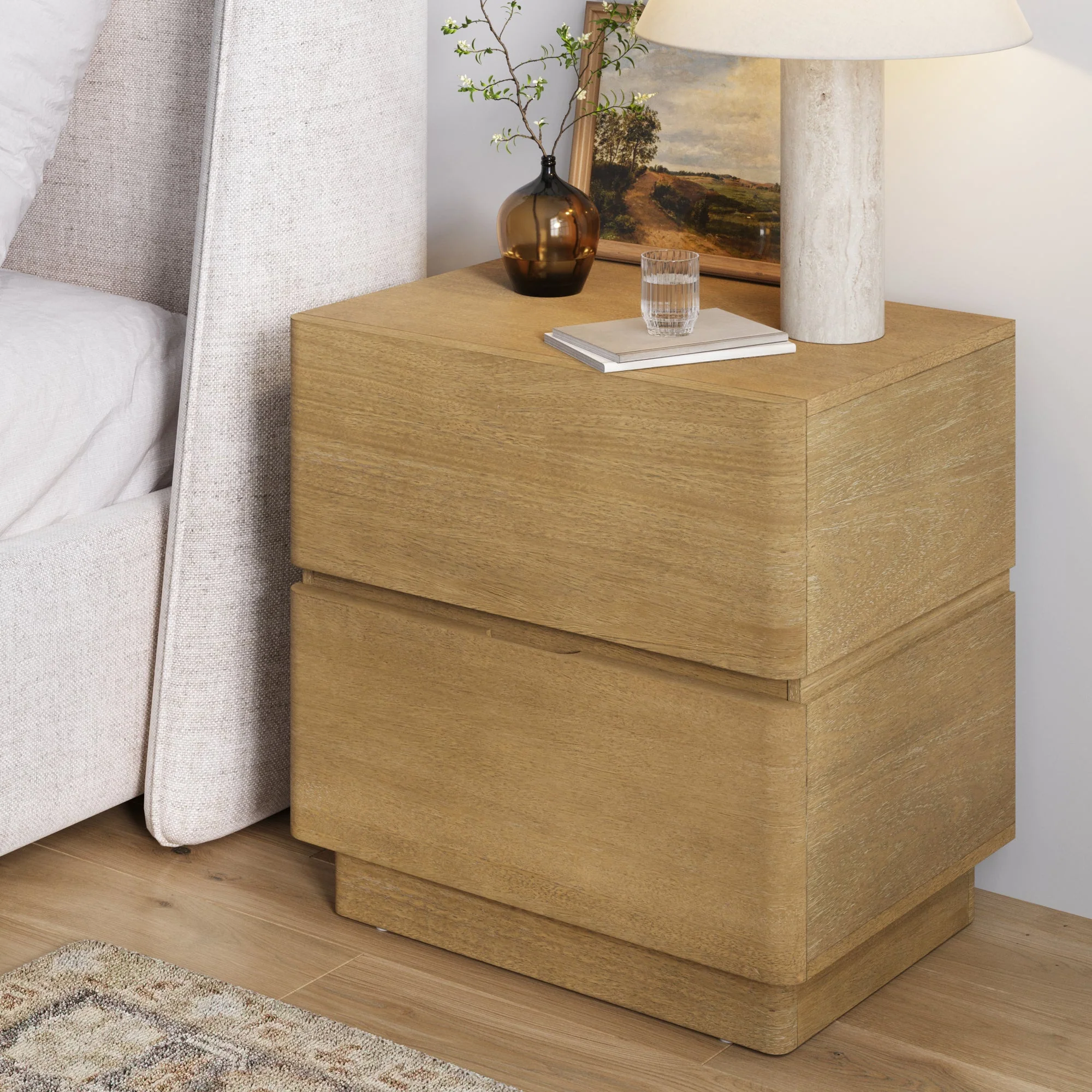 Modern Wood 2 Drawer Nightstand with Rounded Edges Light Brown