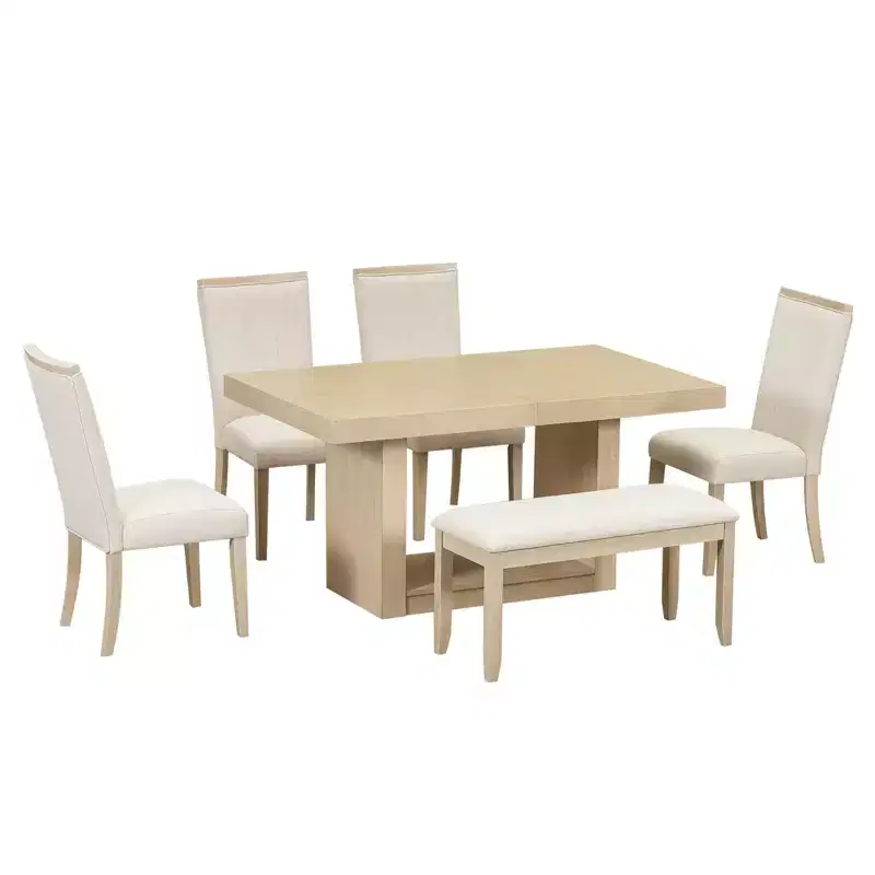6 Piece Extendable Dining Table Set Dining Set with Removable Leaf, 4 Upholstered Dining Chairs and Bench, Natural+Beige - ModernLuxe
