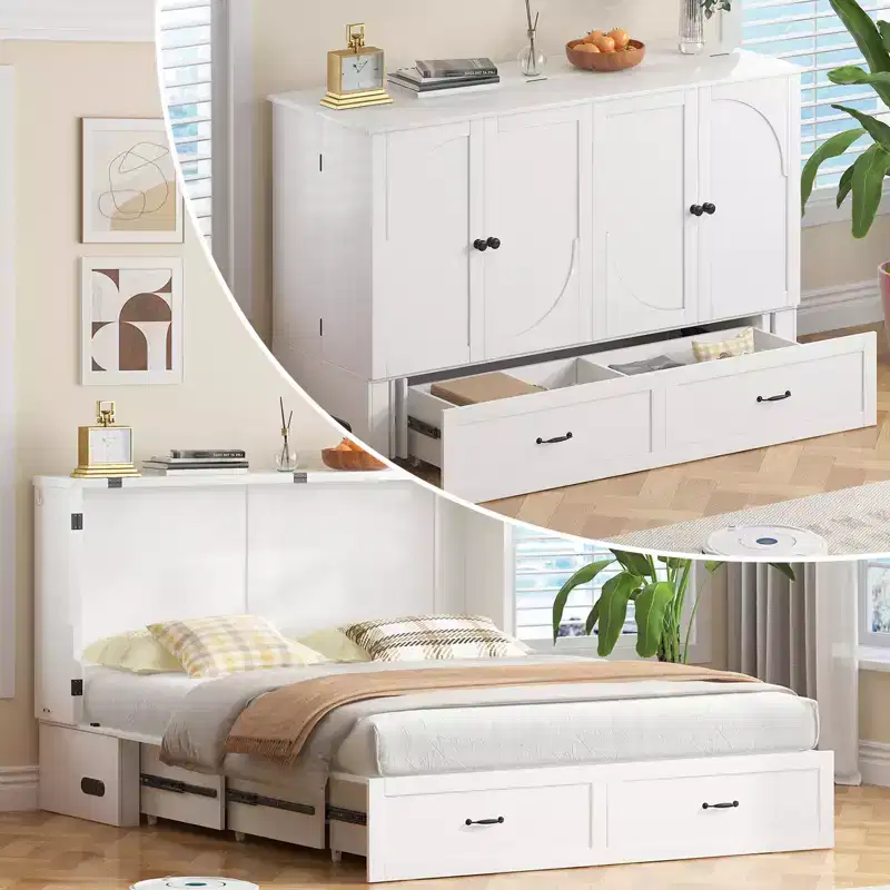 Modern Murphy Bed Queen Size with Charging & Storage, Optional Mattress