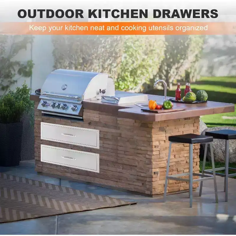 Acekool Outdoor Kitchen Drawer 30 W x 23 H x 10 D, Stainless Steel 2-Drawer Built-In Dresser for BBQ Island, Patio Grill Station, Silver